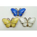 Three Norwegian silver and enamel  butterfly brooches, 2.5 x 1.5cm