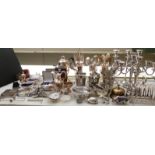 Collection of silver plated ware including pair of candelabra, six-division toast rack, set of three