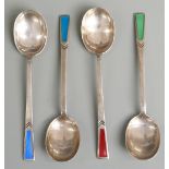 Set of four Art Deco hallmarked silver and enamelled teaspoons, Sheffield 1936 maker Cooper Brothers