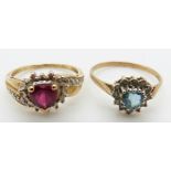 A 9ct gold ring set with a blue topaz and diamonds and another 9ct gold ring set with a faux ruby,