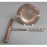 Feature hallmarked silver handled corkscrews and a hallmarked silver ashtray, Birmingham 1953,