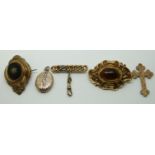 Victorian yellow metal brooch set with a foiled cabochon, Victorian 9ct gold cross, gold plated