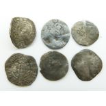 Six various hammered silver pennies including Edward and a bent probably Henry III short cross