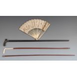 19thC carved bone fan with neoclassical swag decoration and carved bone handled stick, white metal