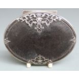 Probably French 18th century oval silver snuff box with leather lid and base, cast silver baroque