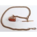 A 9ct gold Albert with a Victorian intaglio fob with snake decoration to the top, 49.4g, 36cm