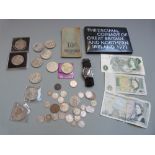 A small collection of coins, 1971 coin pack and banknotes