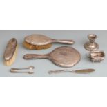 Quantity of silver items including embossed mustard, Birmingham 1910, sugar tongs and knife marked