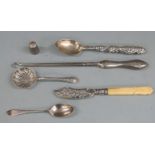 Hallmarked silver sifter spoon, hallmarked coffee spoon, hallmarked silver bladed butter knife,
