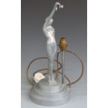 Art Deco figural lamp formed as a lady holding a glass disc, height 41cm