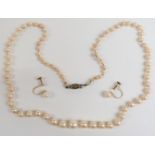 Pearl necklace with 9ct gold and diamond clasp, together with a pair of pearl and gold earrings