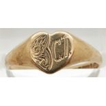 A 9ct gold heart signet ring, 1.8g, size O