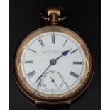 Waltham gold plated keyless winding open faced pocket watch with inset subsidiary seconds dial,
