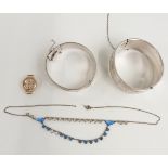 Two hallmarked silver bangles, 9ct gold cased ladies wristwatch and an Art Deco platinin necklace