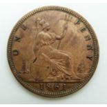Victorian 1861 young head bronze penny TB reverse, BB obverse EF with lustre