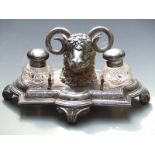 Plated ram's head desk stand, width 35cm