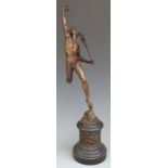 A bronze figure of Mercury, the base with relief moulded bronze frieze of cherubs dancing, height