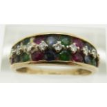 A 9ct gold ring set with emeralds, sapphires and diamonds, 3.4g, size Q