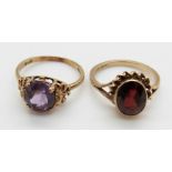 A 9ct gold ring set with an oval amethyst and a 9ct gold ring set with an oval garnet, 4.6g