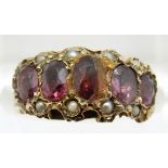 Victorian 9ct gold ring set with garnets and seed pearls, 2.1g, size M