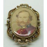 Victorian pinchbeck brooch set with a portrait miniature depicting Lord Cardigan, verso plaited