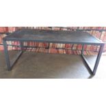Industrial/haberdashery/shopfitting steel and plank topped narrow trestle style table, W155 X D75