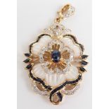An 18ct gold pendant set with a blue sapphire cabochon, square and marquise cut sapphires, diamonds,