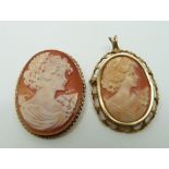 Two 9ct gold pendants/ brooches each set with cameos