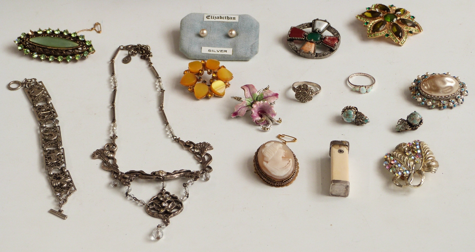 A collection of costume jewellery including silver gilt cameo brooch, silver ring set with - Image 2 of 2