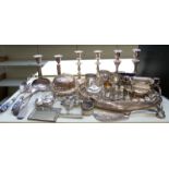 Collection of plated ware including galleried tray, length 46cm, Mappin and Webb muffin dish,