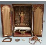 Edwardian oak-cased travelling reliquary, height 21cm and various St. Christophers