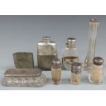 Four hallmarked silver mounted dressing table items, plated and cut glass hip flask, further hip