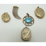 Two Victorian lockets, Victorian silver locket, an enamel pendant and an agate pendant