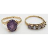 Two 9ct gold rings one set with a synthetic purple sapphire, 3.7g