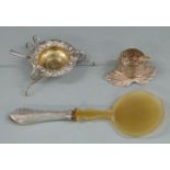 Danish white metal handled salad server, white metal ashtray and a white metal tea strainer,