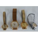 Four ladies and gentleman's wristwatches comprising a Timex, 9ct gold Pilot, Roamer and a Bentima.