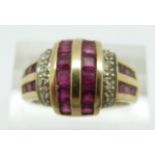 A 9ct gold ring set with square cut rubies and diamonds, 4.4g, size Q