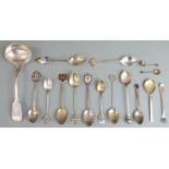 Sixteen various hallmarked silver spoons, ladle etc to include many enamel souvenir examples, weight