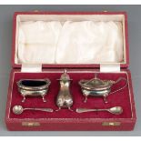 Cased hallmarked silver three piece cruet set, Sheffield 1966 maker Roberts & Belk Ltd, weight