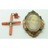Victorian yellow metal brooch set with a photo, verso hair and a coral cross with gold fittings