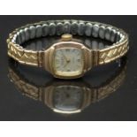 Excalibur 9ct gold ladies wristwatch with gold hands and hour markers, silver dial and 17 jewel