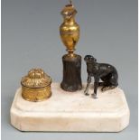19thC brass and bronze desk stand, standish or inkwell raised on a marble base with greyhound or