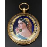 18ct gold ladies full hunter pocket watch with engraved and enamelled case decorated with a portrait