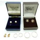 Three pairs of 9ct gold earrings (2.5g), and a pair of 9ct gold earrings set with a pearl to each