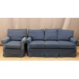 Blue three seat sofa and armchair, W170 x H72 x D75cm
