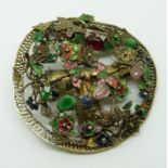 Chinese silver brooch / buckle set with enamel, filigree and quartz