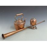 A coaching horn, copper teapot and copper burner/egg codler