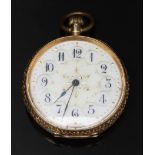 18ct gold keyless winding open faced pocket watch with blued hands, Arabic numerals, gilt