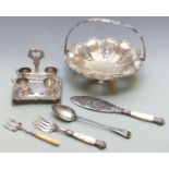 Hallmarked silver ivory handled fork, length 21cm, plated pierced pedestal swing handled basket, egg