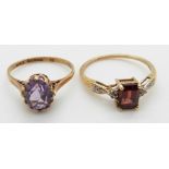 A 9ct gold ring set with amethyst and a 9ct gold ring set with a garnet and diamonds, 4.2g